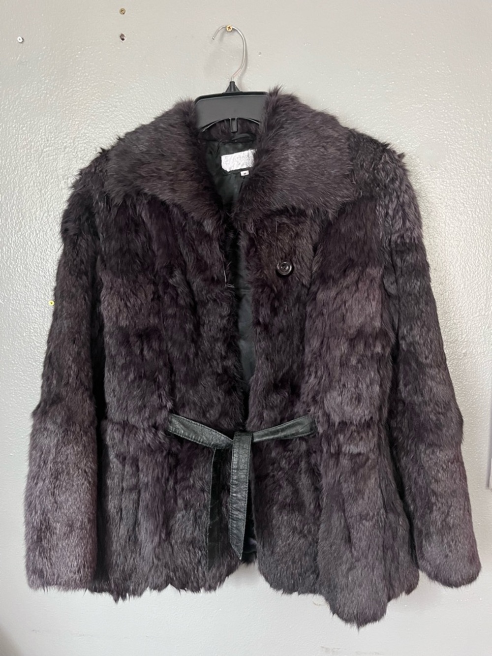 Genuine rabbit Fur Belted Coat in ashy black